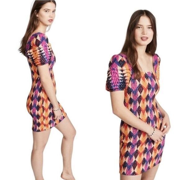 Farm Rio NWT Lindeza Grafica‎ Mini Dress Multicolor Smocked Short Sleeve Large - Picture 1 of 6